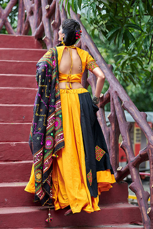 Shubhkala Yellow & Black Soft Cotton Resham Embroidered Navratri Lehenga